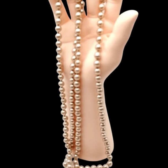 Vintage Long Champagne Faux Pearl Necklace Heavy Hand Knotted Single Strand Bead - Picture 9 of 16